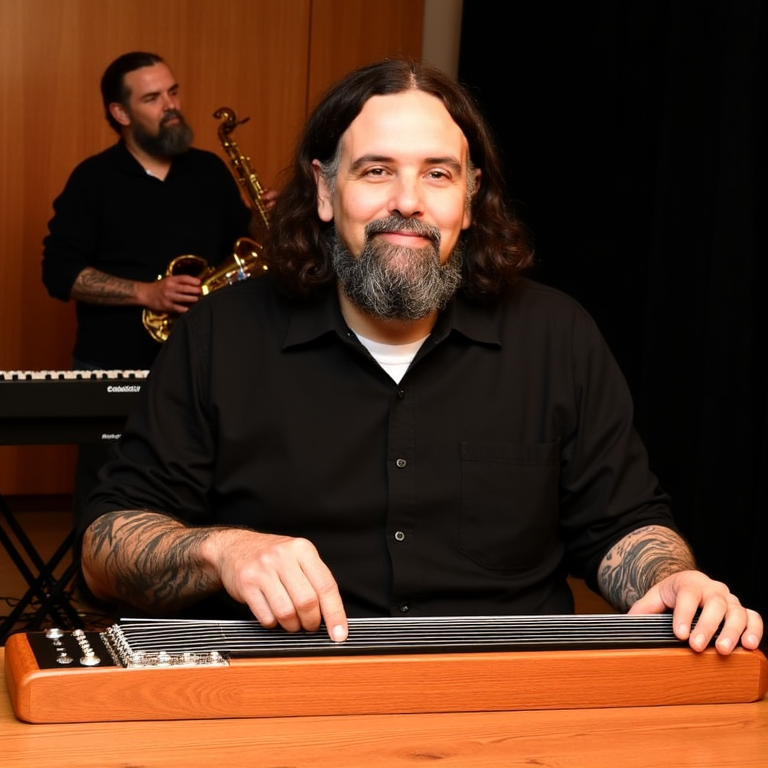 Seb pointe une guitare étrange d'un air amusé